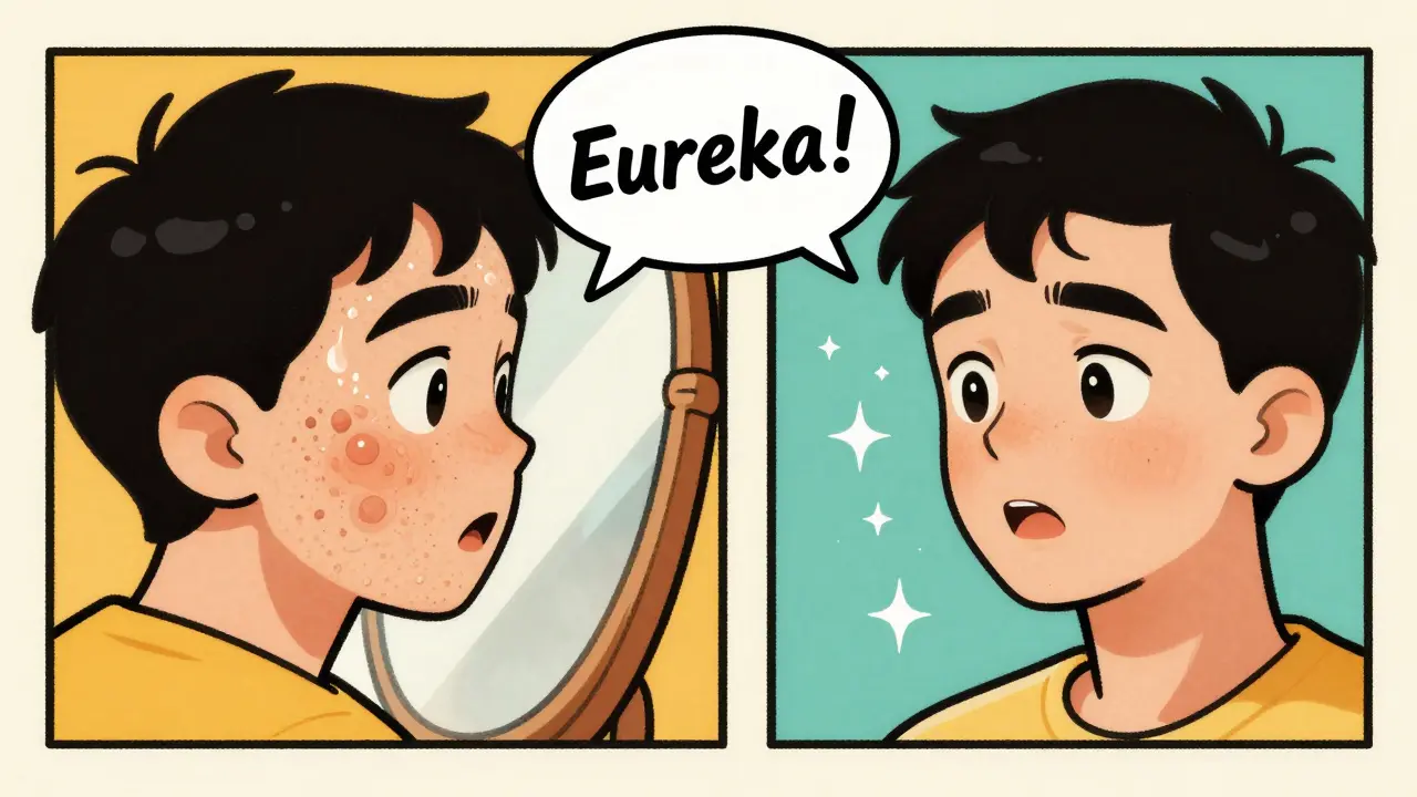 Ritratto a due facce: pelle grassa e pori grandi da un lato, pelle liscia e luminosa dall'altro, stile cartone vintage.