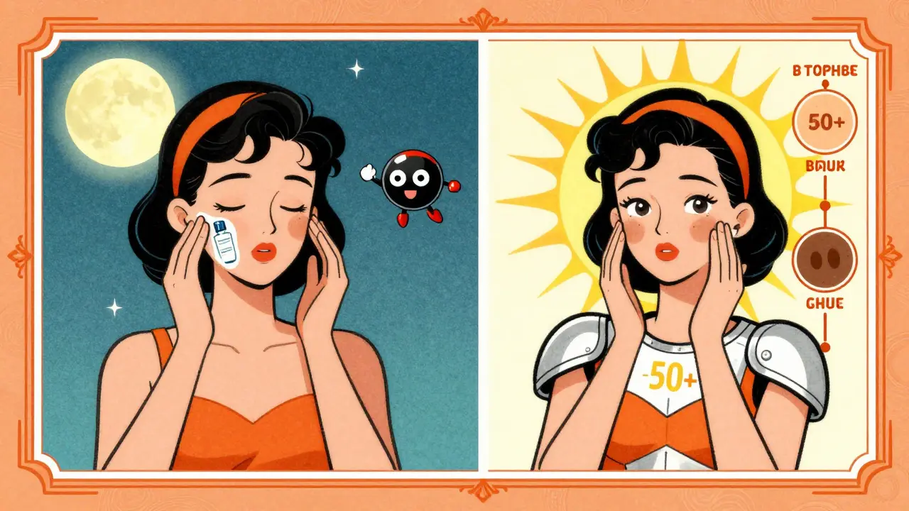 Rituale quotidiano di cura della pelle: applicazione serale del siero e protezione solare al mattino, con timeline di miglioramento in stile fumetto.