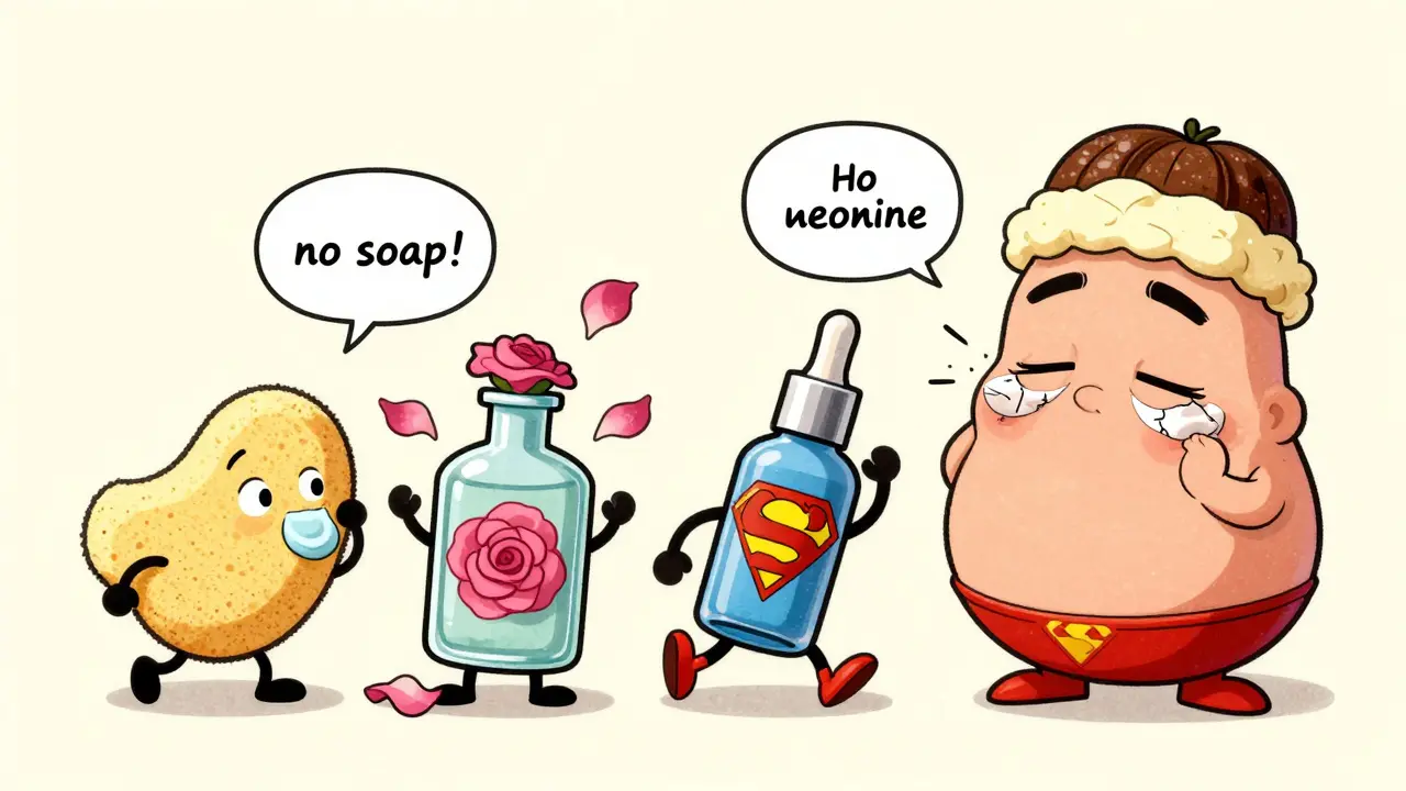 Routine di cura del contorno occhi illustrata come personaggi cartoon: detergente, tonico, siero e crema che lavorano insieme per riparare la pelle.