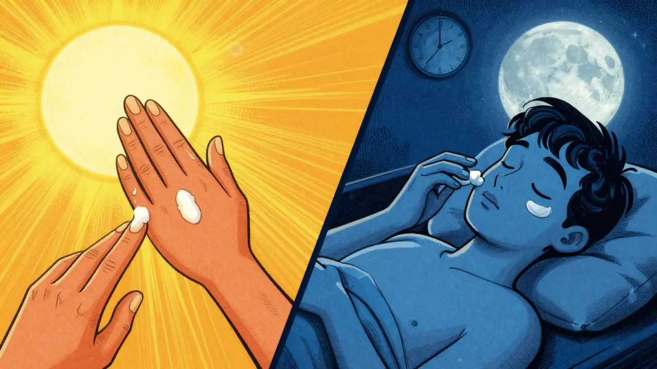 Scena divisa tra giorno e notte mostrando routine skincare diversa per sole e luna in stile retrò.