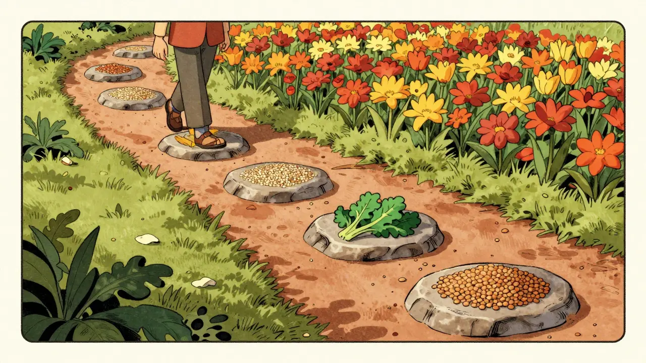 Sentiero illustrato con cibi sani che indica una reintroduzione graduale dei carboidrati.