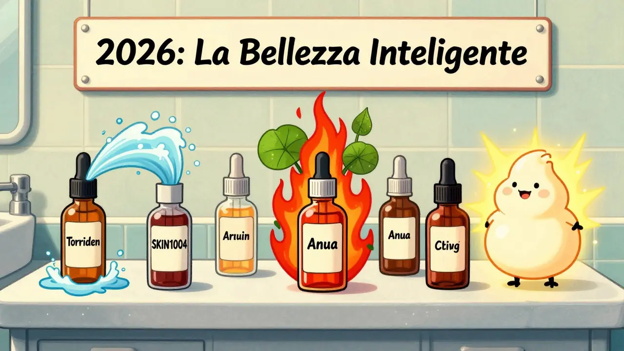 Sette sieri economici disposti come supereroi, ognuno con effetti visivi che rappresentano i loro benefici per la pelle.