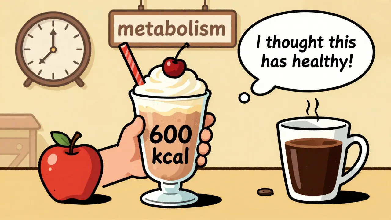 Smoothie che diventa un dolce mentre una mela e un caffè nero restano ignorati sul tavolo.