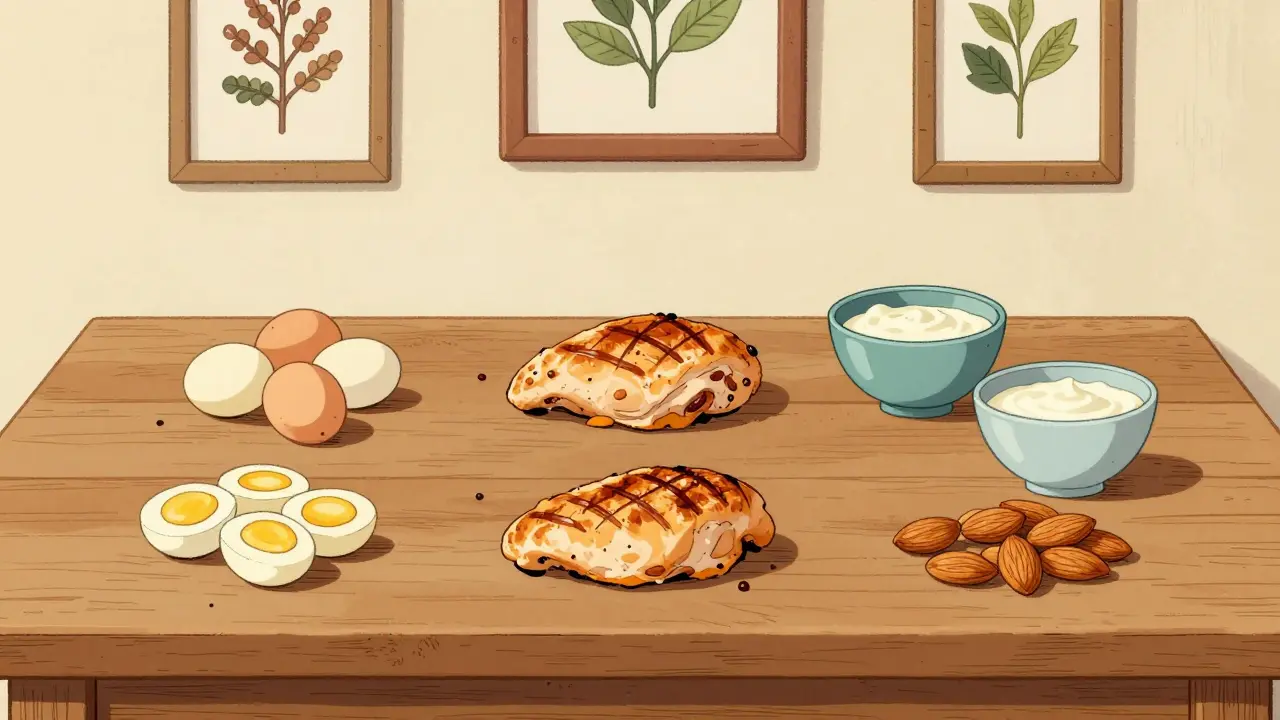 Tavola con pasti proteici bilanciati lungo la giornata illustrata.