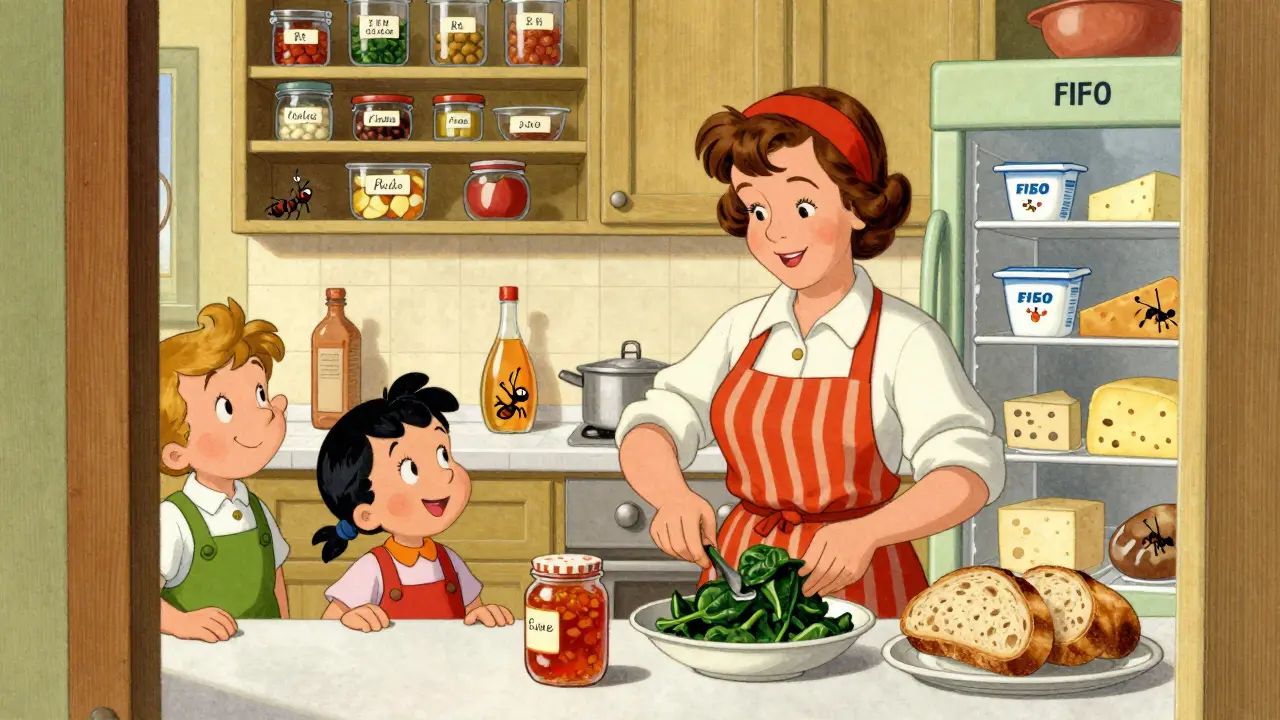 Una donna cuoce una cena con avanzi, circondata da una dispensa ben organizzata e un frigorifero ordinato.