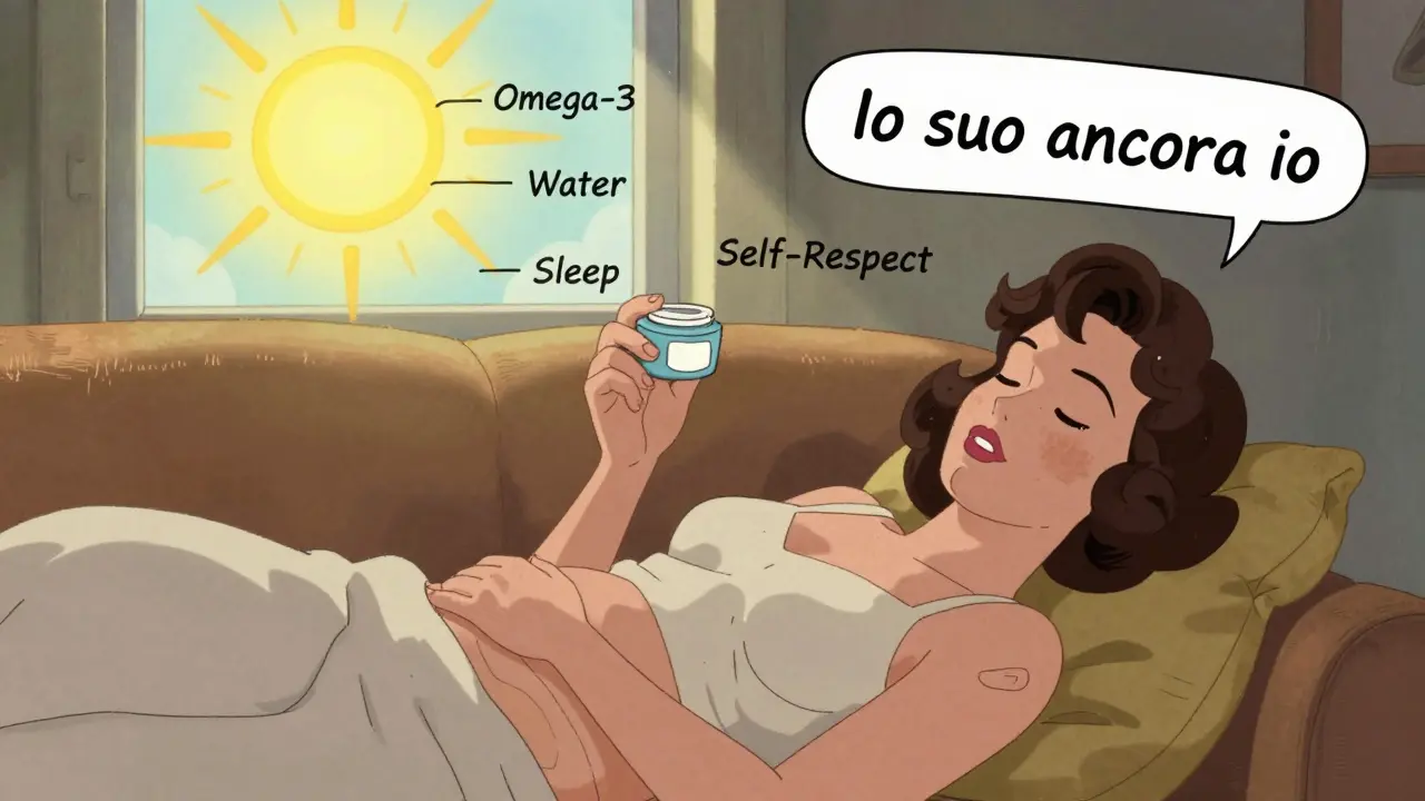 Una donna dorme su un divano, raggi di luce che rappresentano sonno, acqua e rispetto di sé le toccano la pelle radiosa.