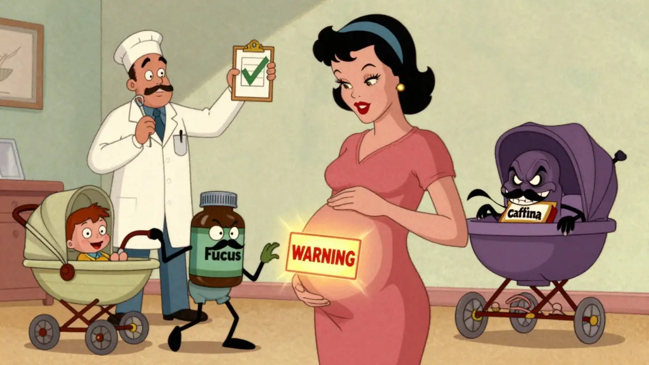 Una donna incinta minacciata da integratori pericolosi, mentre un medico la protegge e un passeggino simboleggia la sicurezza del bambino.
