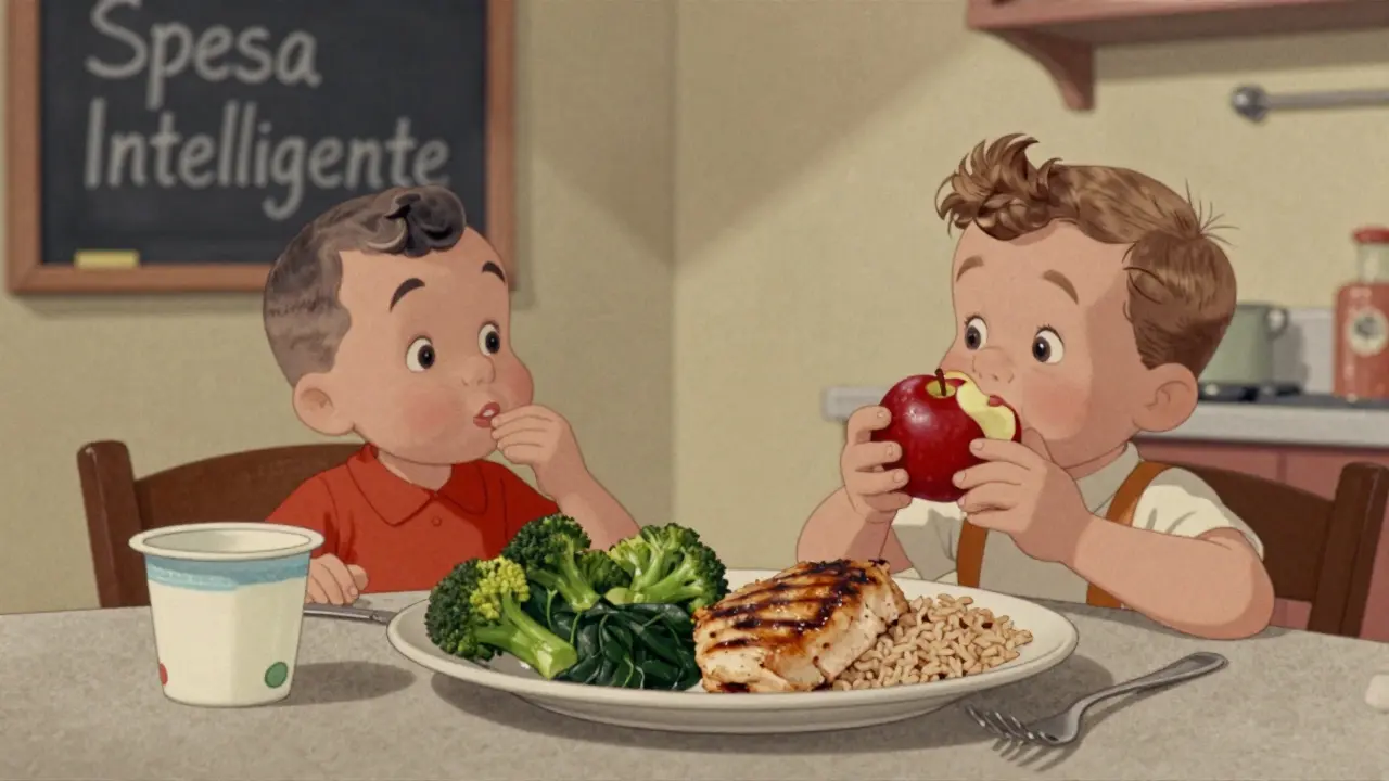 Una famiglia italiana mangia un pasto equilibrato con verdure, proteine e frutta intera.