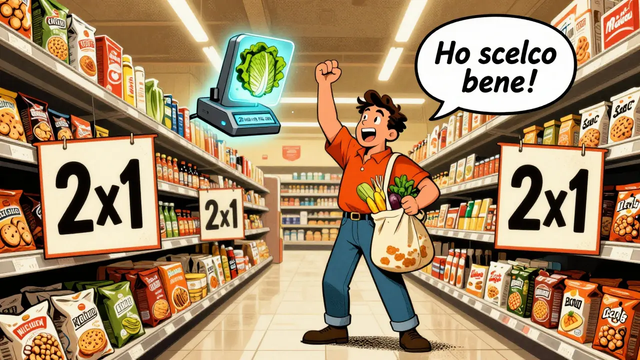 Una persona vittoriosa sceglie cibi sani nel supermercato, ignorando offerte ingannevoli di cibo trasformato.