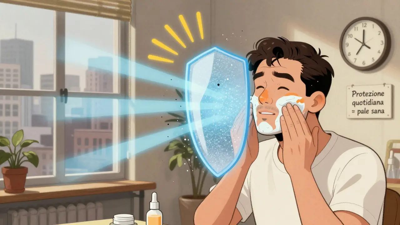 Una routine mattutina urbana con crema solare colorata che blocca raggi solari, luce blu e inquinamento.