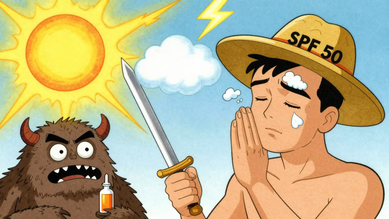 Uomo che combatte inquinamento con siero di vitamina C e protezione solare, in stile cartone vintage.