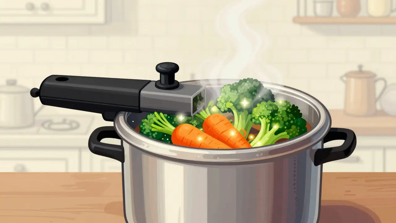 Verdure colorate all'interno della pentola che conservano vitamine.