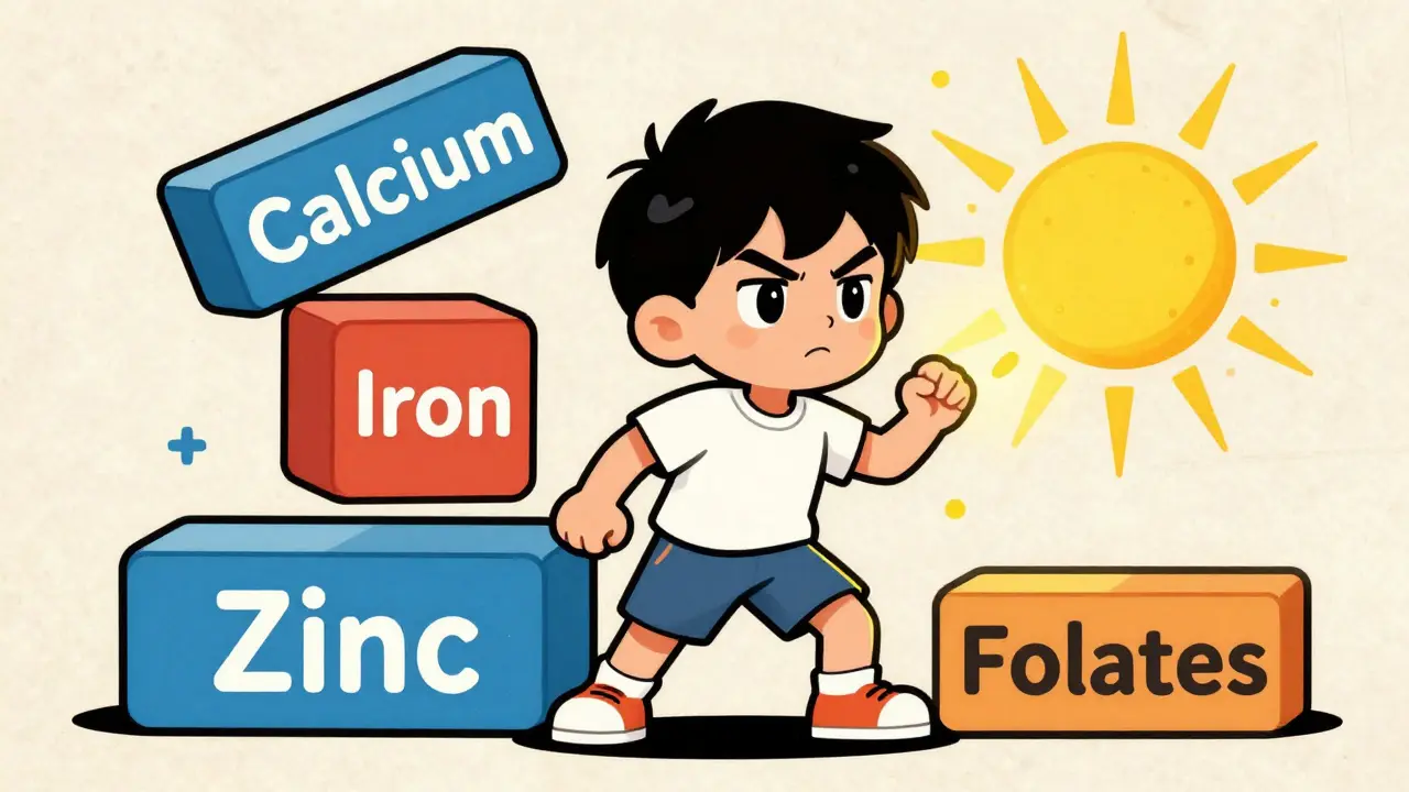 Adolescente che cresce circondato da simboli di calcio, ferro e raggi di sole in stile cartoon.