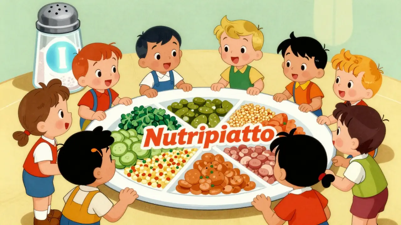 Bambini che osservano un grande piatto nutrizionale colorato in stile illustrazione vintage.