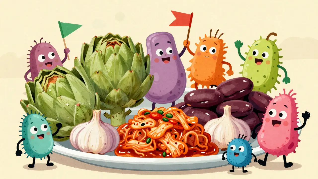 Batteri felici che mangiano fibre e cibi fermentati in stile cartoon vintage.