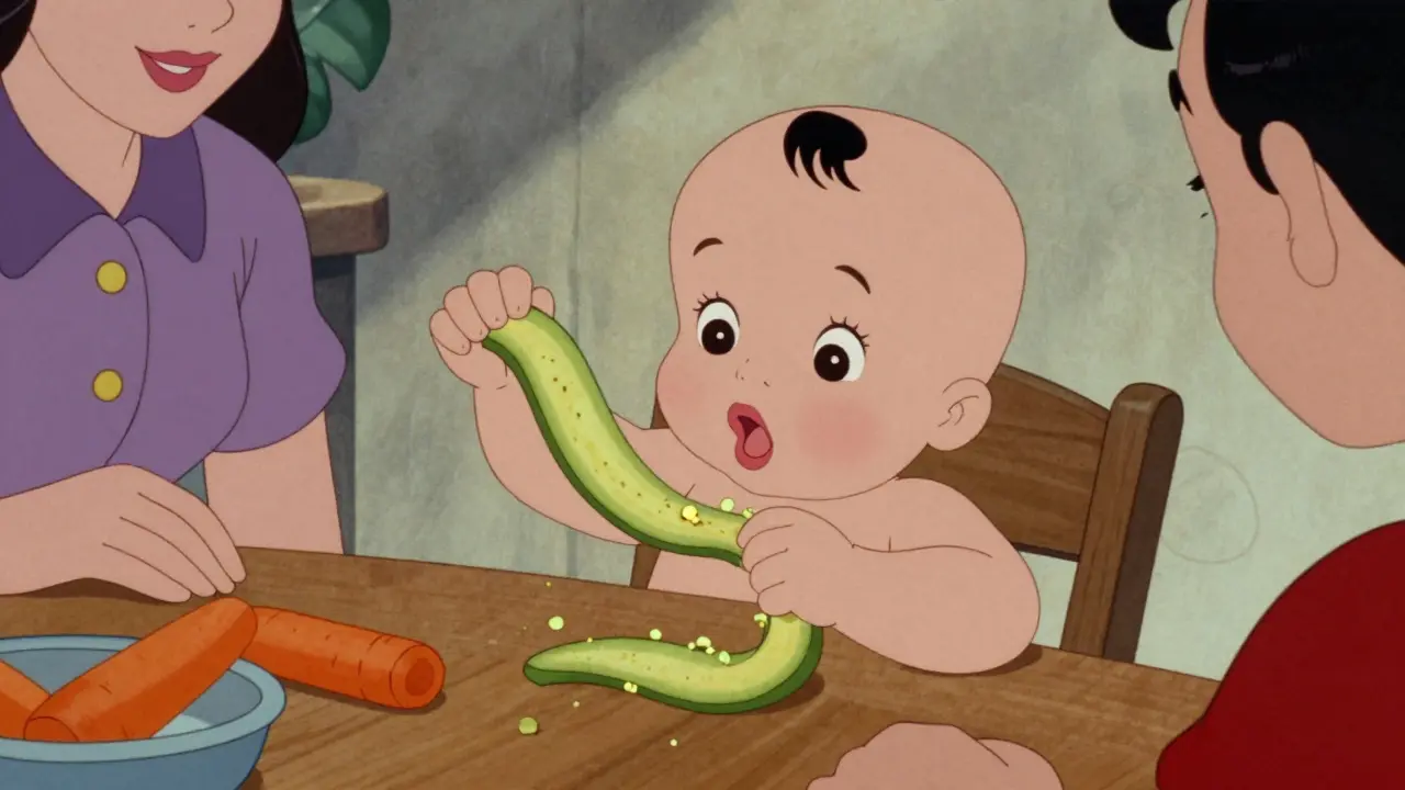 Bimbo che esplora autonomamente pezzi di avocado e carota in stile cartoon vintage.