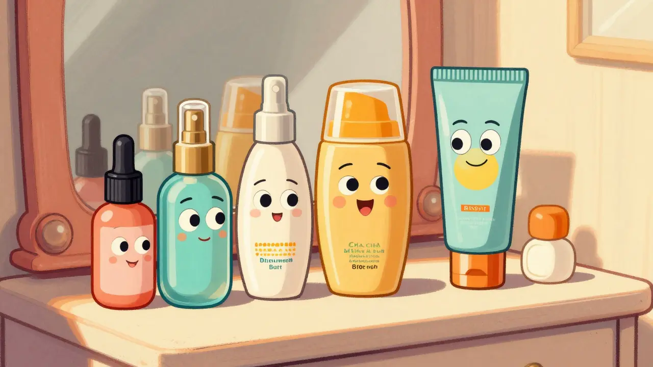 Bottiglie di crema solare e spray viso antropomorfi in stile cartoon vintage su un tavolo.