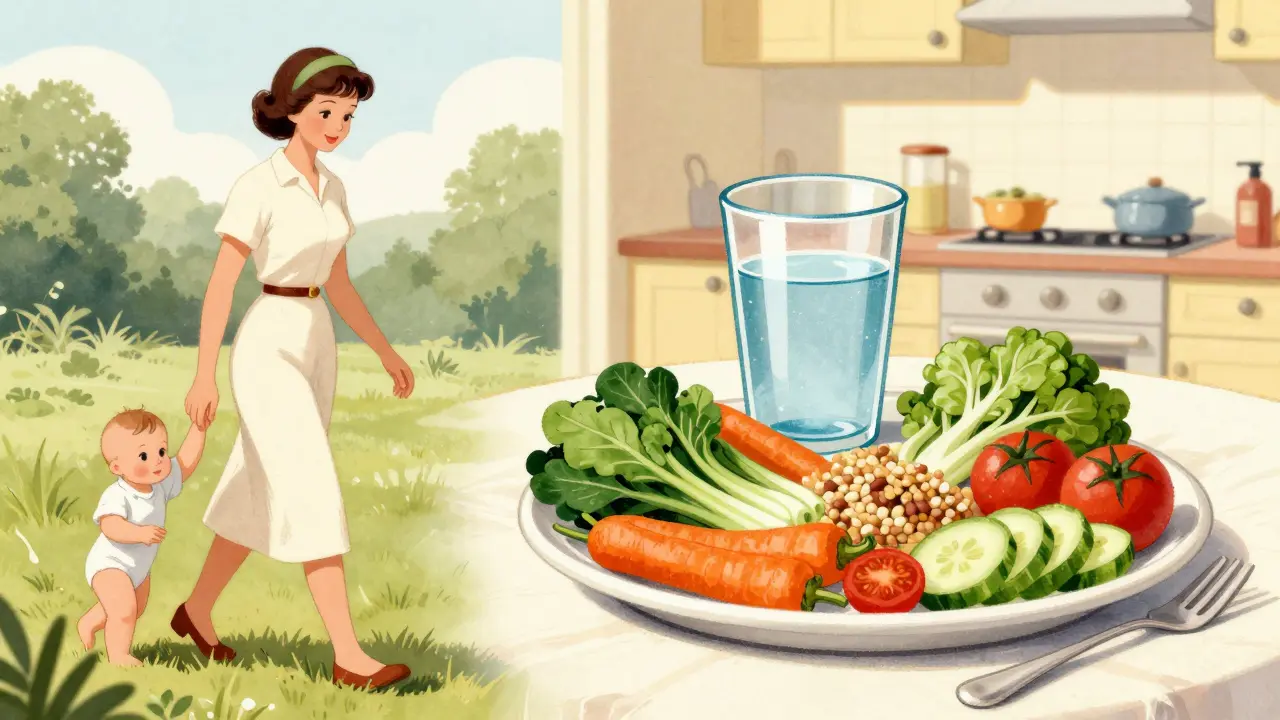 Collage vintage con mamma che cammina e un pasto sano con verdure e acqua.