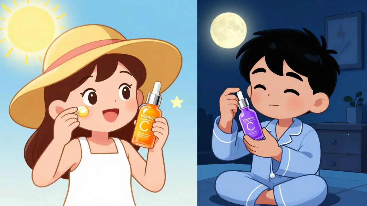 Disegno stile vintage che mostra l'uso della vitamina C al mattino e del retinolo la sera.