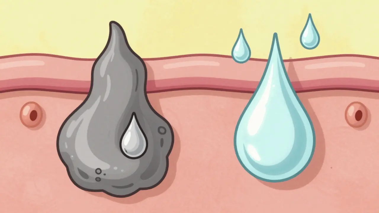 Disegno vintage che mostra la differenza tra un poro ostruito da crema pesante e uno libero.