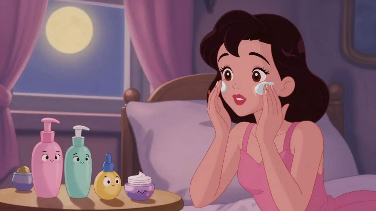 Donna che applica la crema notte in stile illustrazione retro