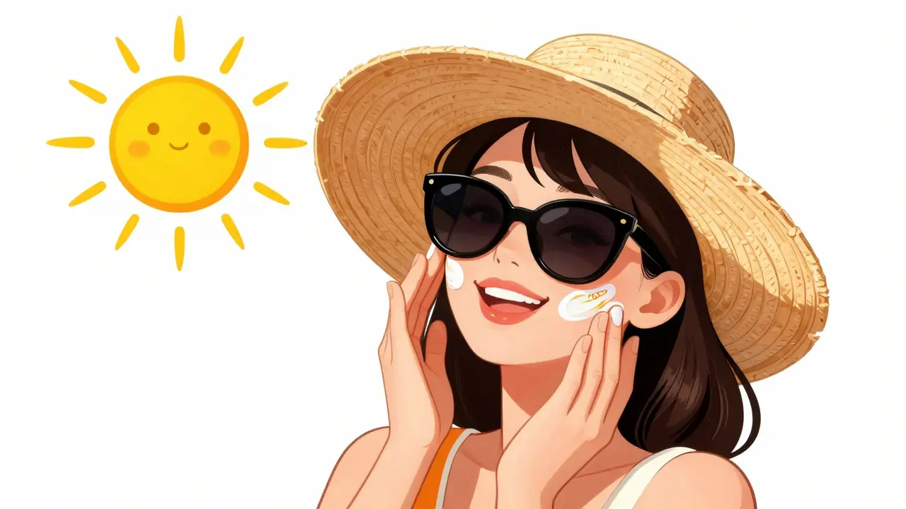 Donna che applica la crema solare con un cappello di paglia in stile cartoon vintage.