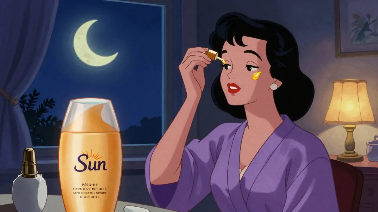 Donna che applica siero al viso di sera con crema solare accanto, stile cartoon vintage.