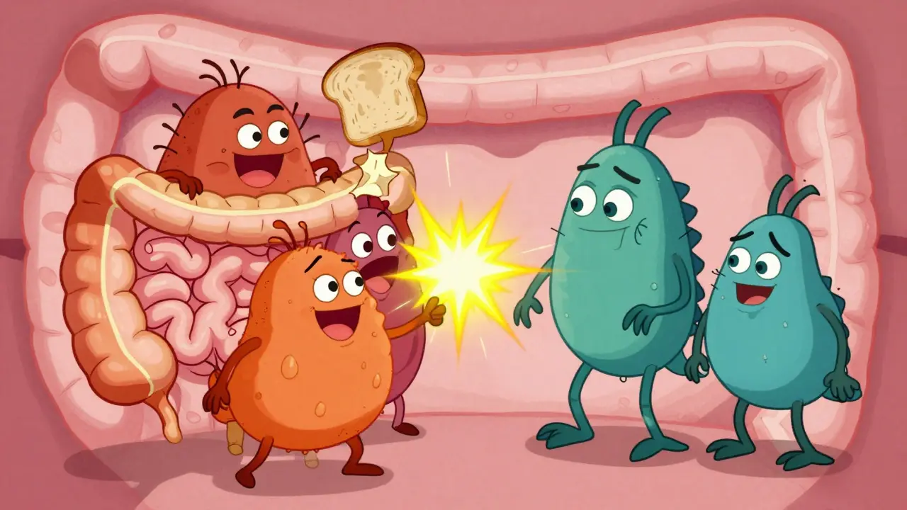 Illustrazione cartoon di batteri Firmicutes e Bacteroidetes nell'intestino.