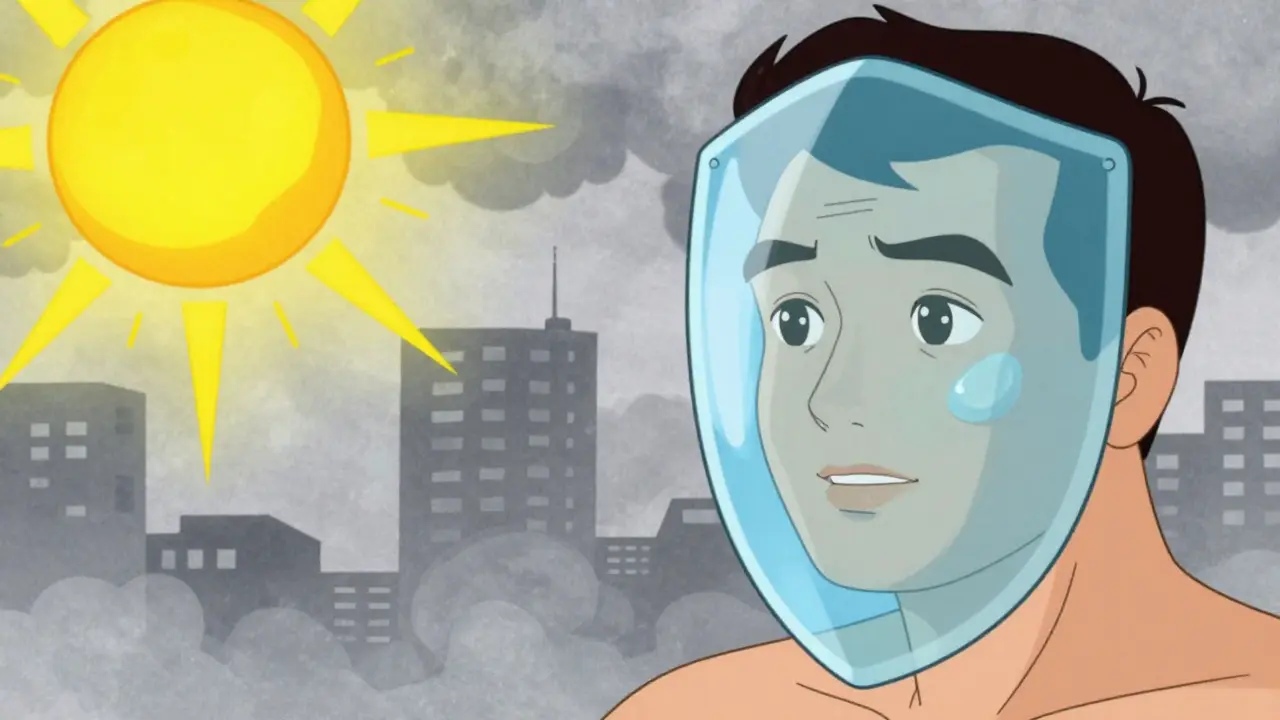 Illustrazione retro che mostra la protezione della pelle dallo smog e dal sole.