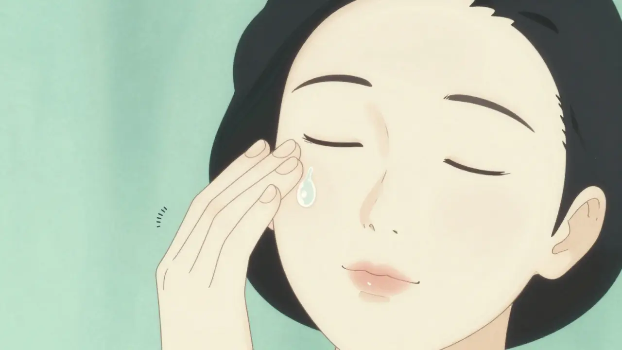 Illustrazione vintage che mostra l'applicazione delicata di un siero picchiettando sulla pelle.