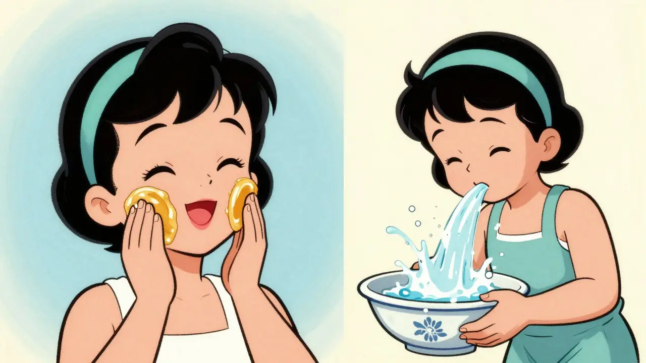 Illustrazione vintage della tecnica di doppia detersione del viso