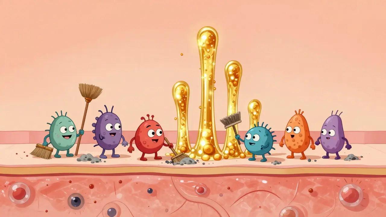 Illustrazione vintage di cellule della pelle che rimuovono impurità e creano collagene.