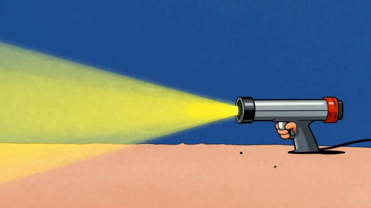 Illustrazione vintage di un raggio laser che colpisce con precisione un pigmento scuro.