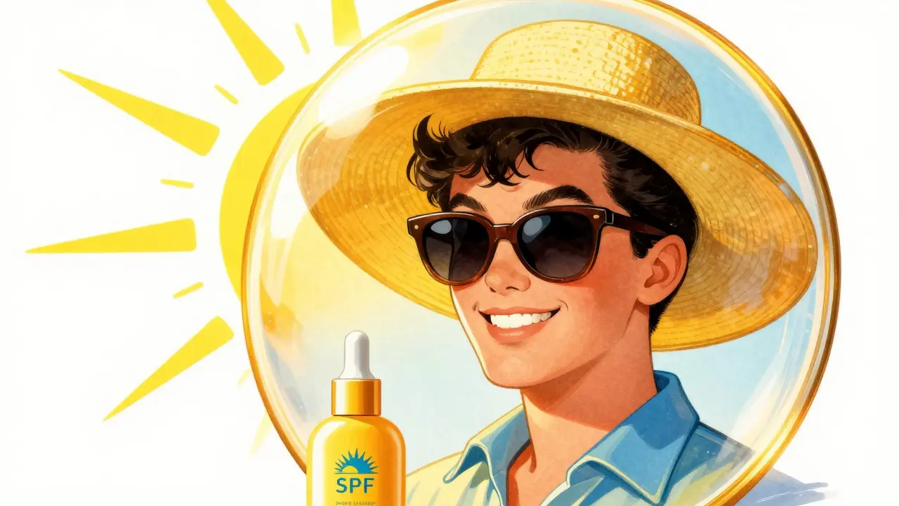 Illustrazione vintage di una persona protetta dal sole con SPF e siero.