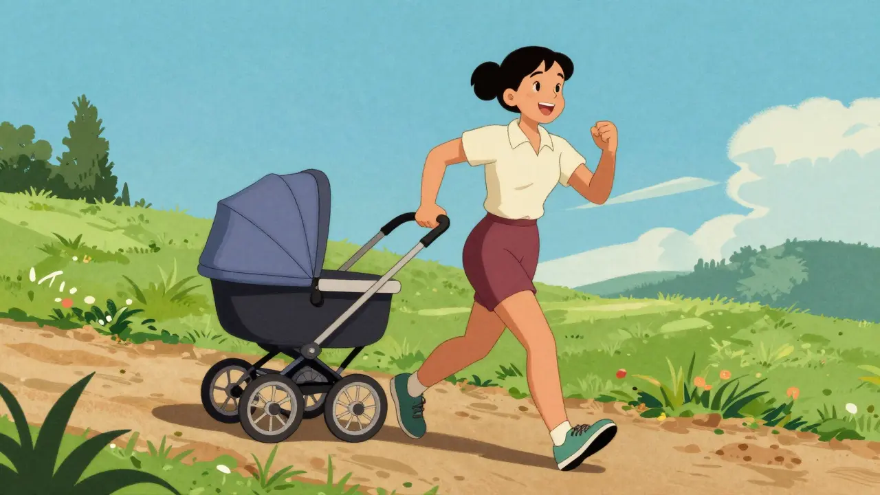 Mamma che cammina velocemente in salita con il passeggino in stile illustrazione retro.