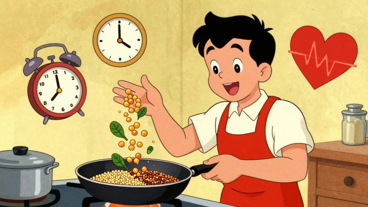 Persona che cucina attivamente legumi e verdure con espressione felice in stile retro.