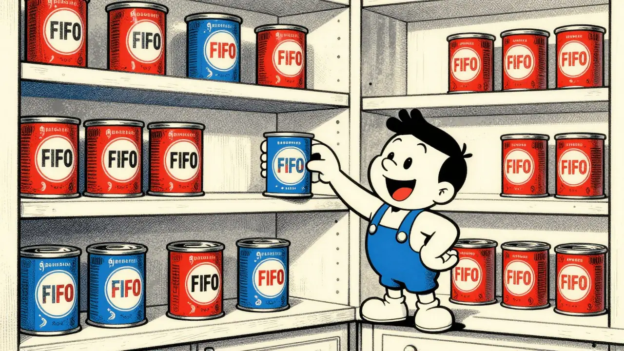 Persona che organizza la dispensa spostando i prodotti più vecchi in avanti.