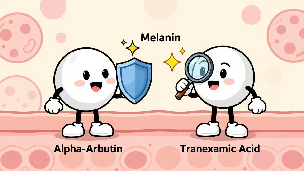 Personaggi cartoon che rappresentano l'alfa-arbutina e l'acido tranexamico.