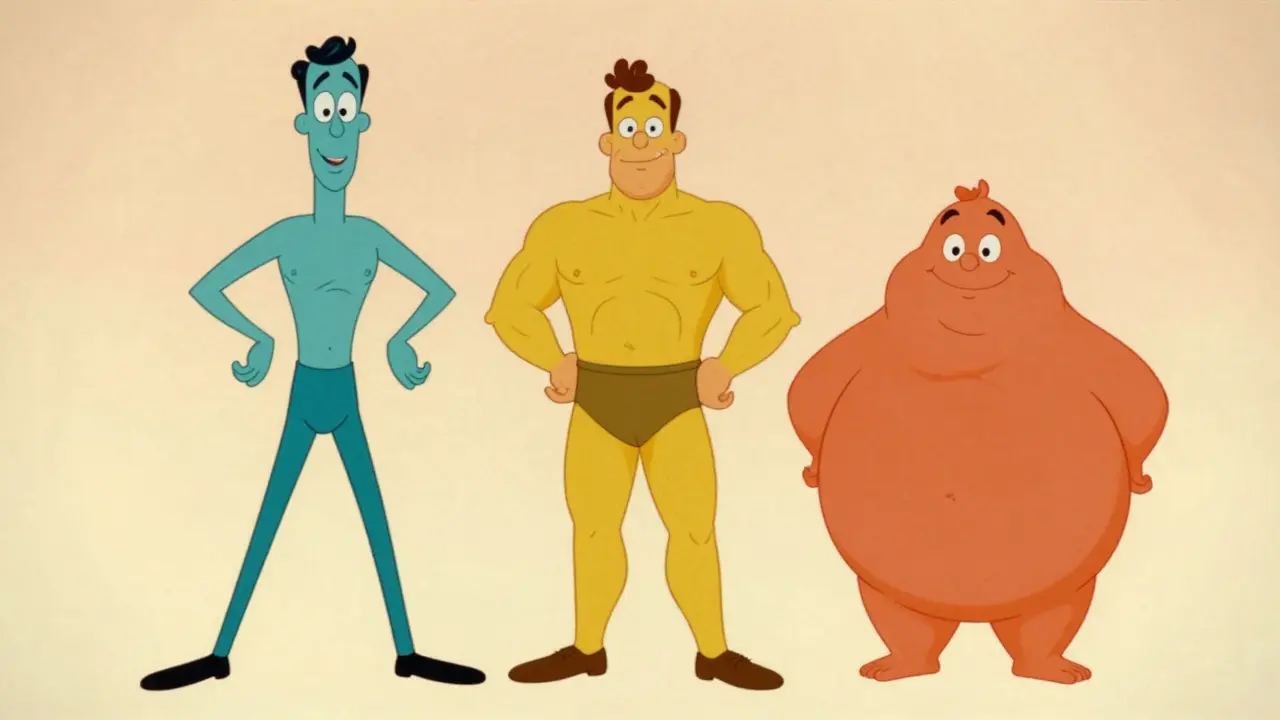 Personaggi in stile cartoon vintage che rappresentano i tipi morfotipi ectomorfo, mesomorfo ed endomorfo.