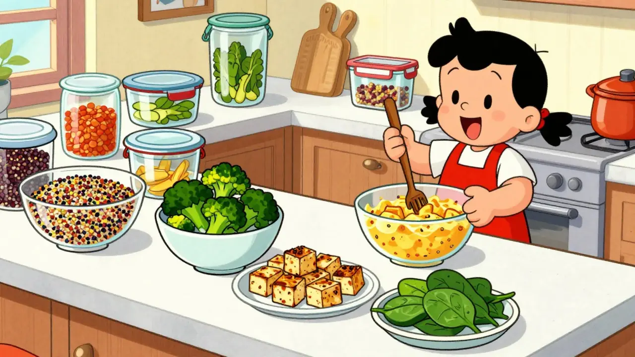 Personaggio in stile cartoon che prepara diversi ingredienti vegetali in contenitori di vetro.