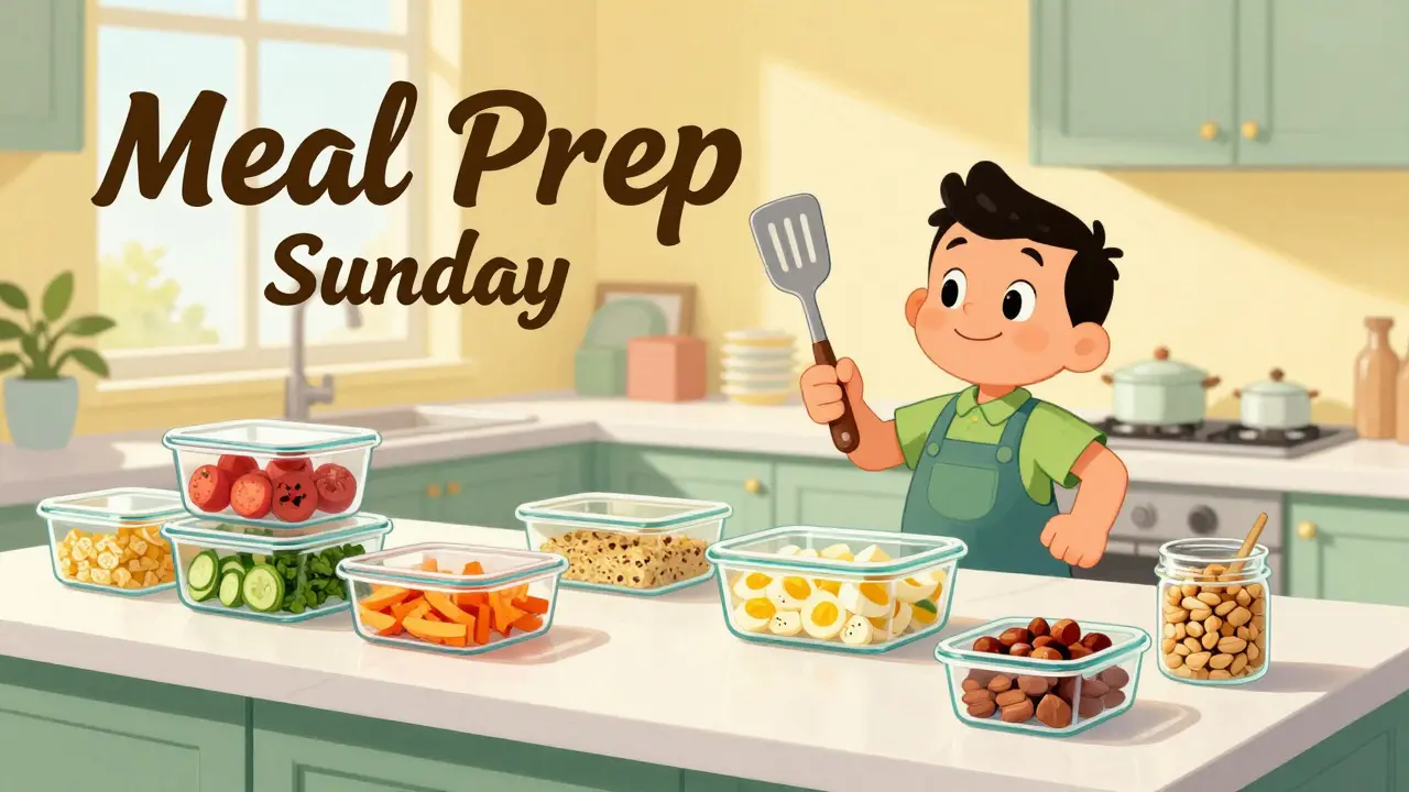 Preparazione dei pasti della domenica con contenitori di verdure fresche in stile cartoon vintage.