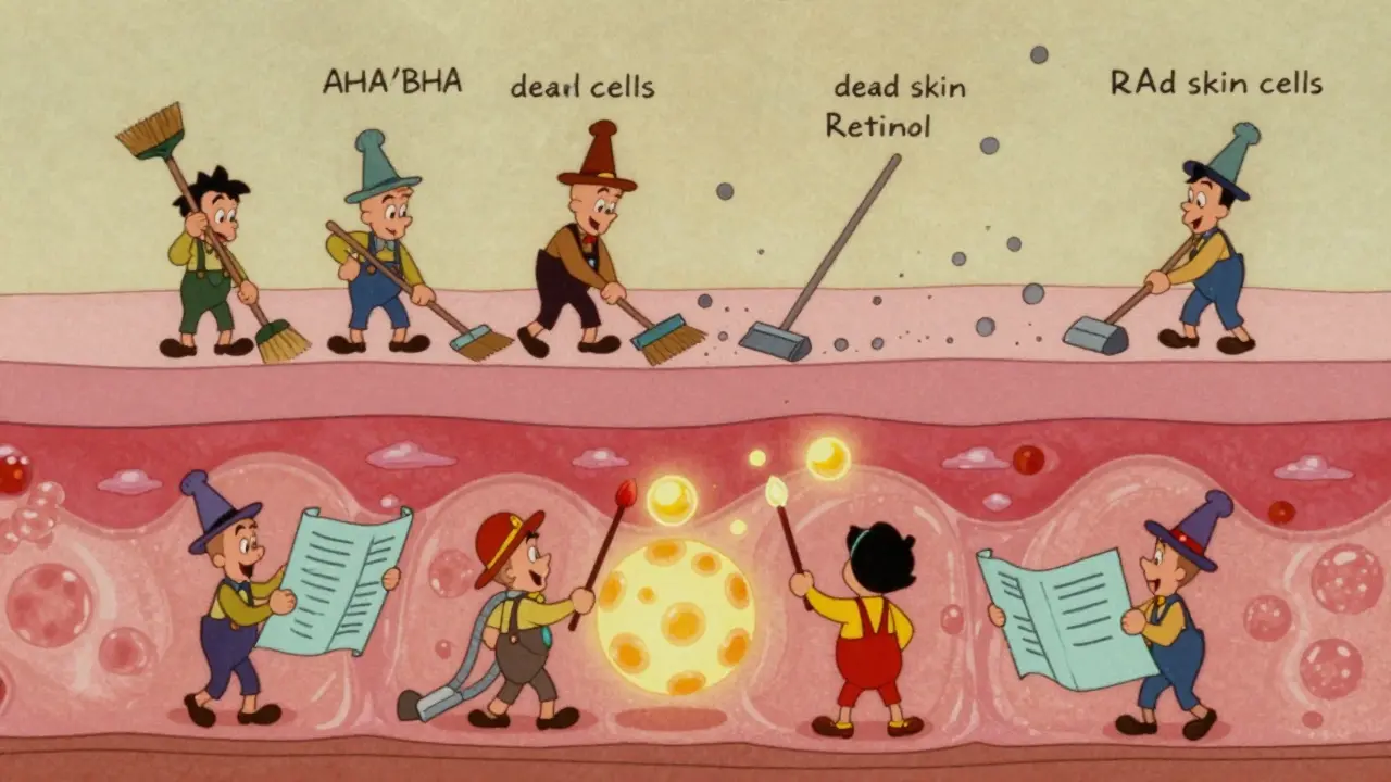 Rappresentazione cartoon vintage del rinnovamento cellulare superficiale e profondo della pelle.