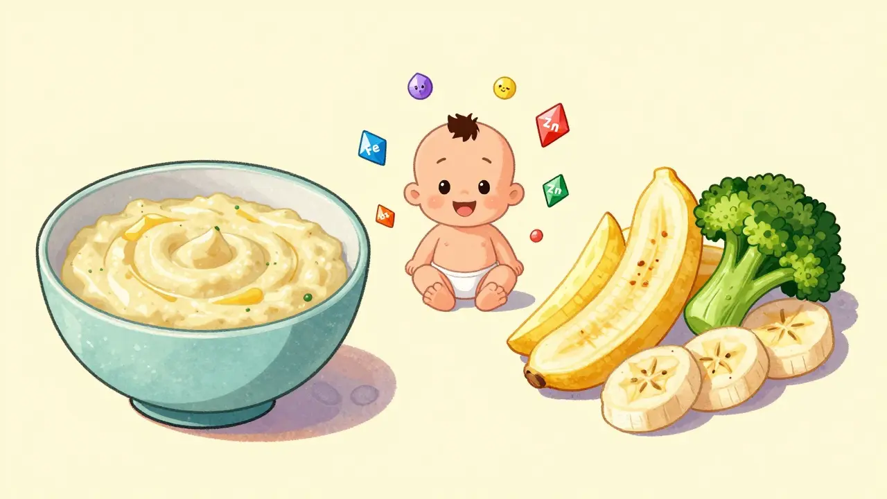 Rappresentazione di un approccio misto allo svezzamento con nutrienti essenziali, stile cartoon vintage.