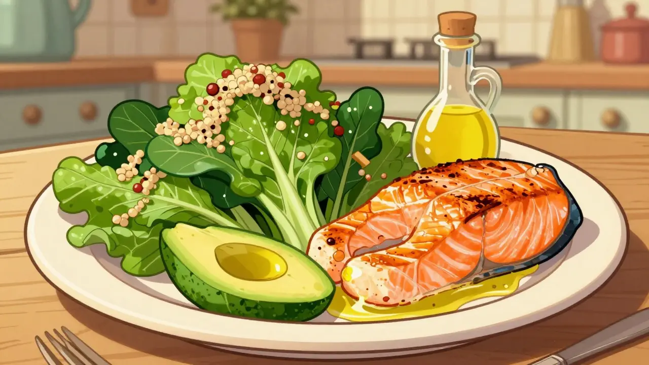 Rappresentazione vintage di un piatto equilibrato con proteine, carboidrati e grassi sani.