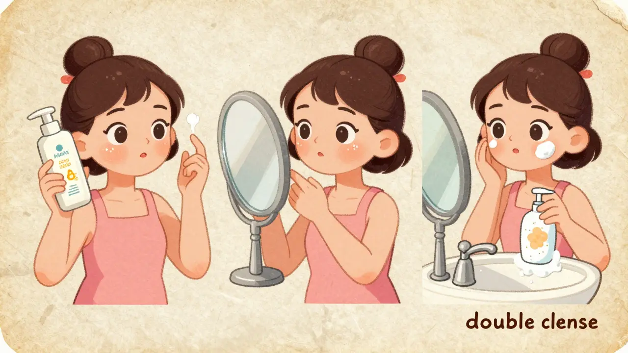 Sequenza in stile cartoon vintage che mostra l'applicazione del solare e la doppia detersione.