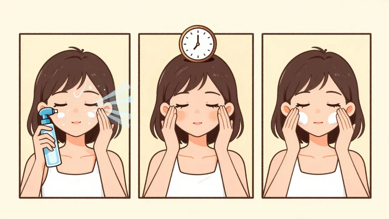 Sequenza in stile cartoon vintage che mostra l'ordine corretto: nebbia idratante e poi SPF.