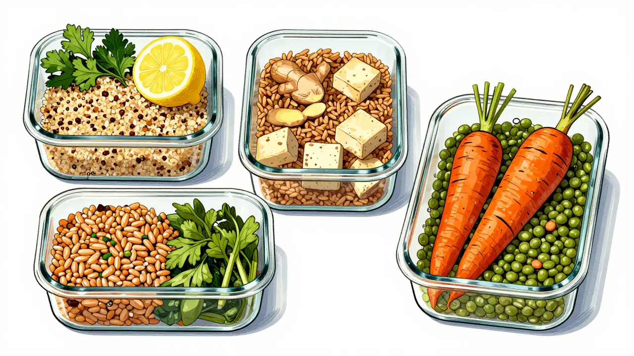 Tre contenitori di meal prep vegetale con diverse combinazioni di cereali, tofu e verdure.
