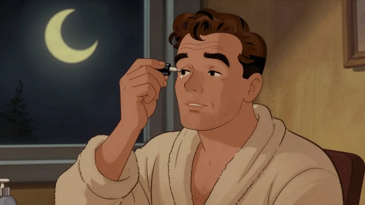 Uomo in stile cartoon vintage che applica un siero viso durante la routine serale.