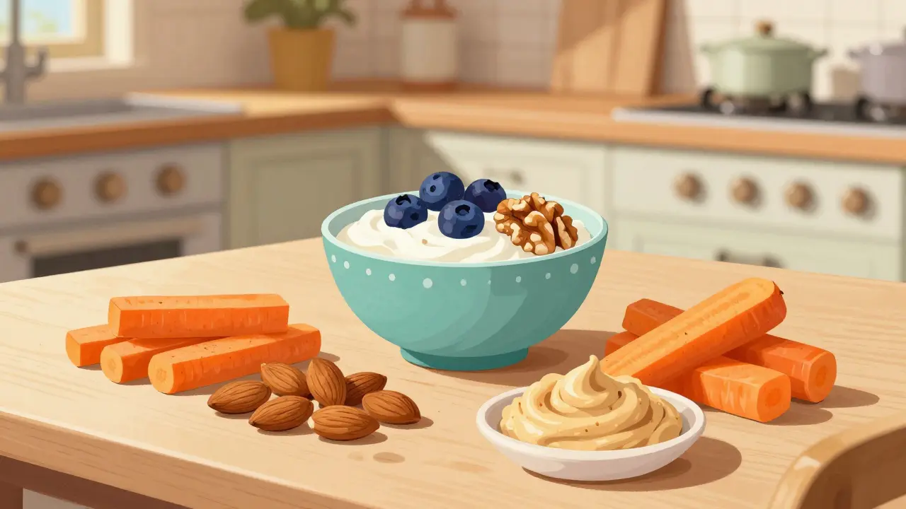 Varietà di spuntini sani come yogurt, noci e carote in stile illustrazione retro