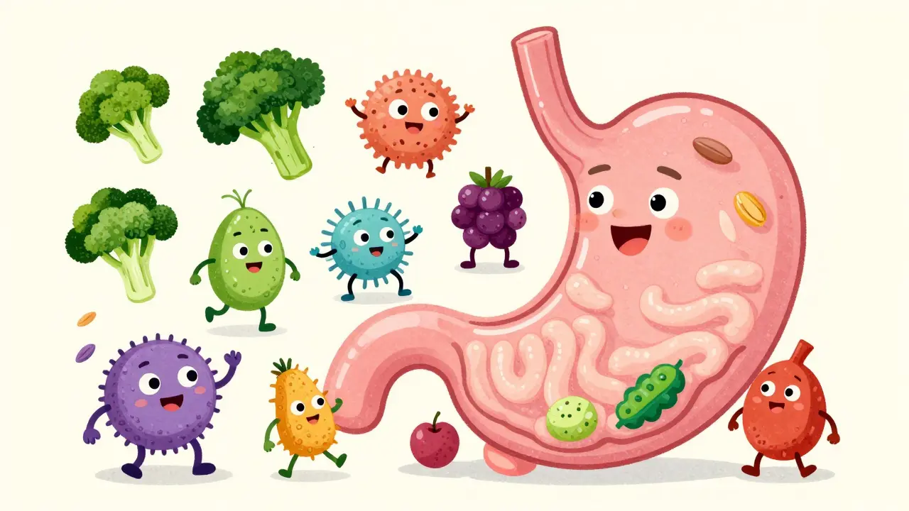 Caricatura vintage di batteri intestinali felici tra verdure e frutta